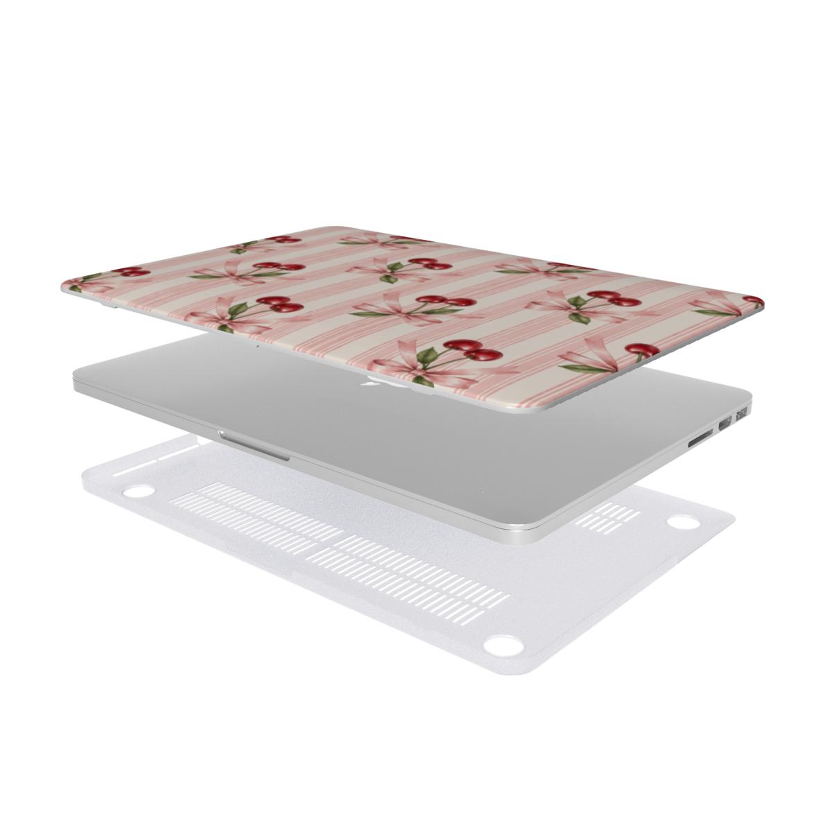 Cherry Bow Stripe MacBook case — hard-shell laptop cover, two-piece shell view