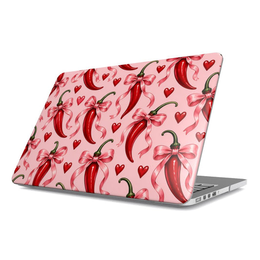 Chili Peppers & Bows MacBook case — hard-shell laptop cover, angled lid view