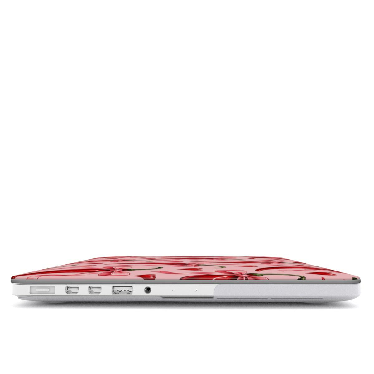 Chili Peppers & Bows MacBook case — hard-shell laptop cover, side view with ports