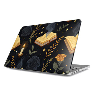Witchy Academia MacBook case — hard-shell laptop cover, angled lid view
