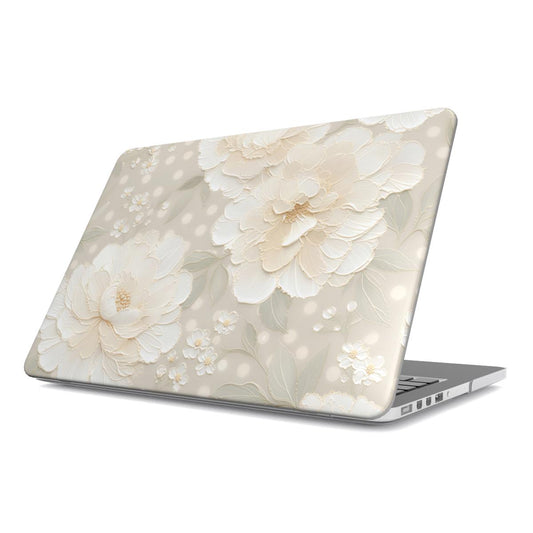 Cream Peony MacBook case — hard-shell laptop cover, angled lid view