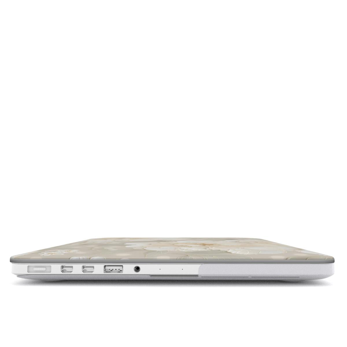 Cream Peony MacBook case — hard-shell laptop cover, side view with ports