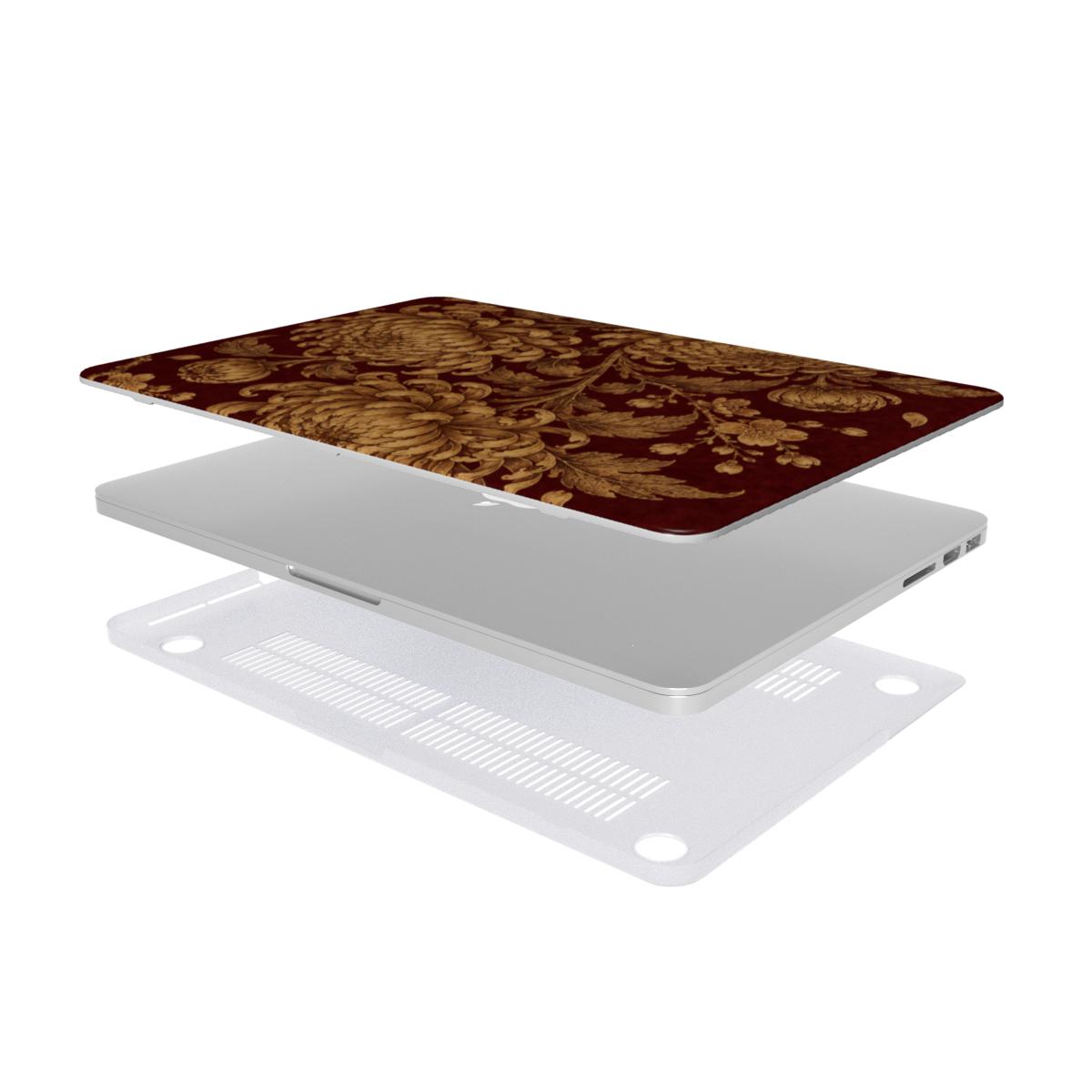 Gilded Chrysanthemum MacBook case — hard-shell laptop cover, two-piece shell view