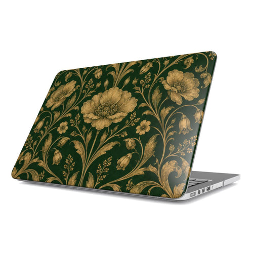 Gilded Emerald Damask MacBook case — hard-shell laptop cover, angled lid view