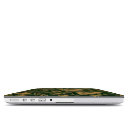 Gilded Emerald Damask MacBook case — hard-shell laptop cover, side view with ports
