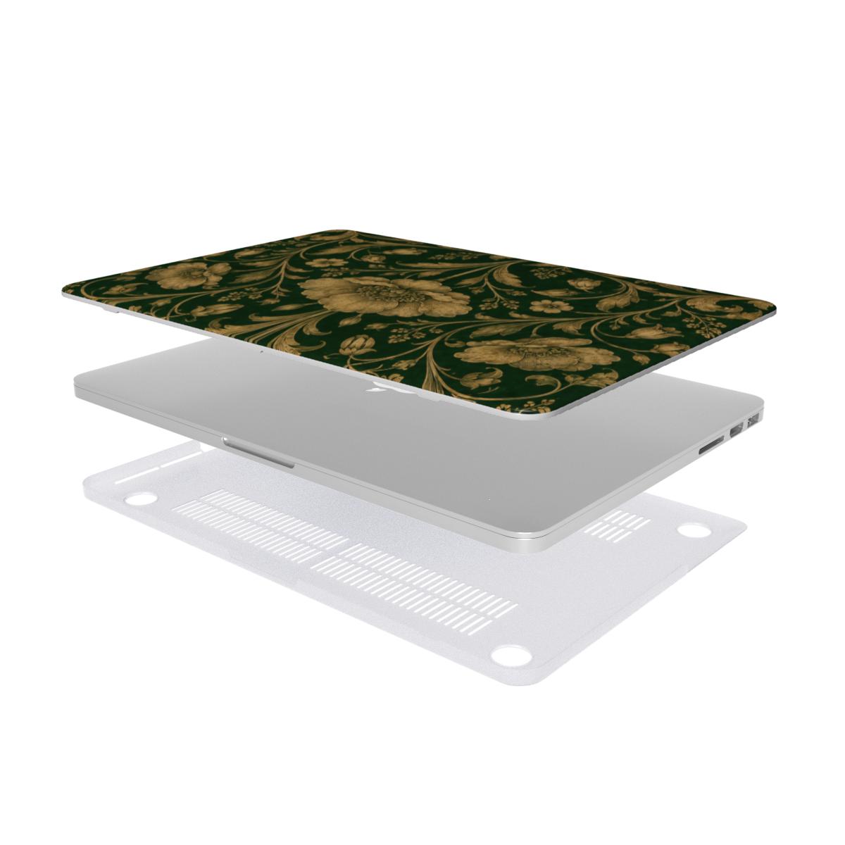 Gilded Emerald Damask MacBook case — hard-shell laptop cover, two-piece shell view