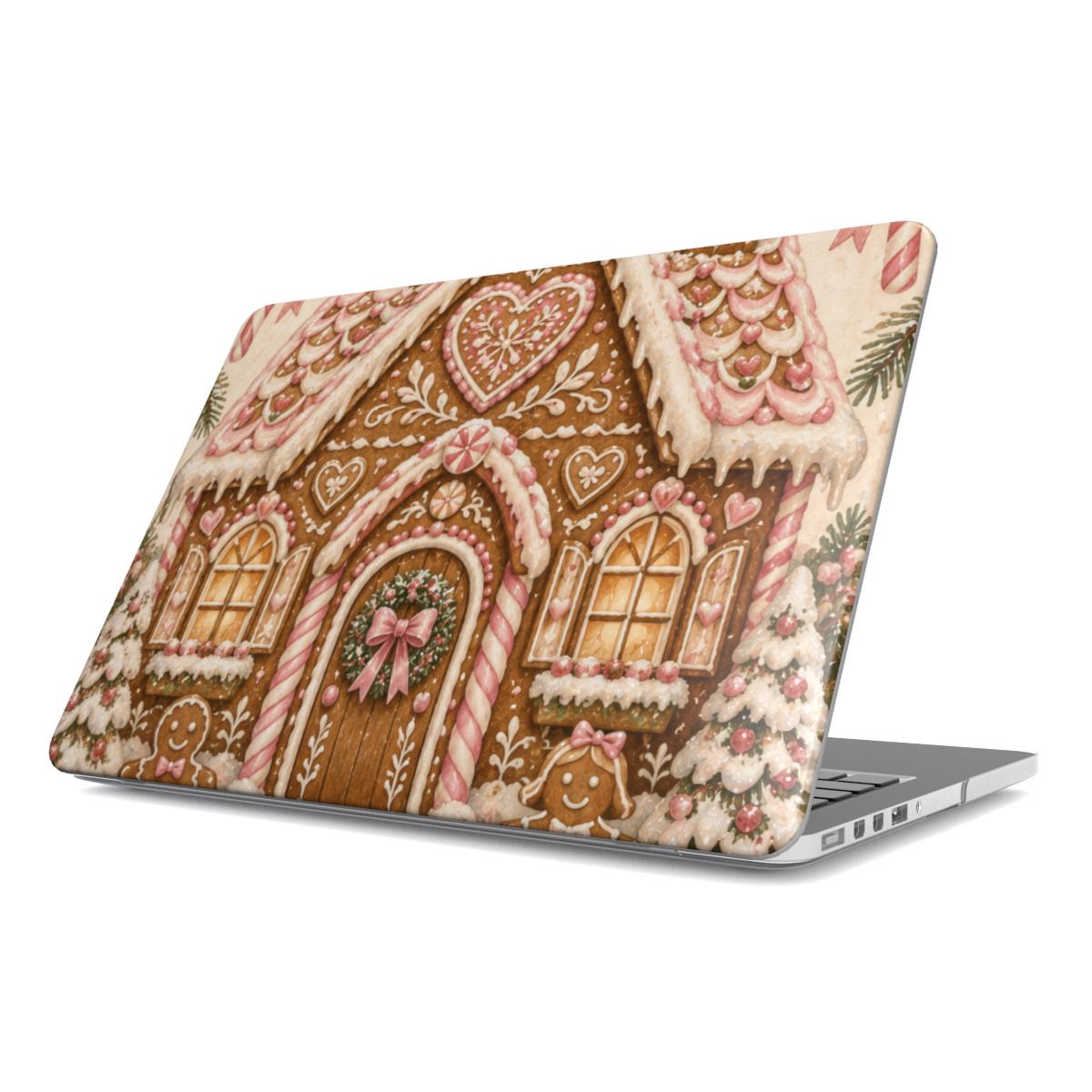 Gingerbread House MacBook case — hard-shell laptop cover, angled lid view