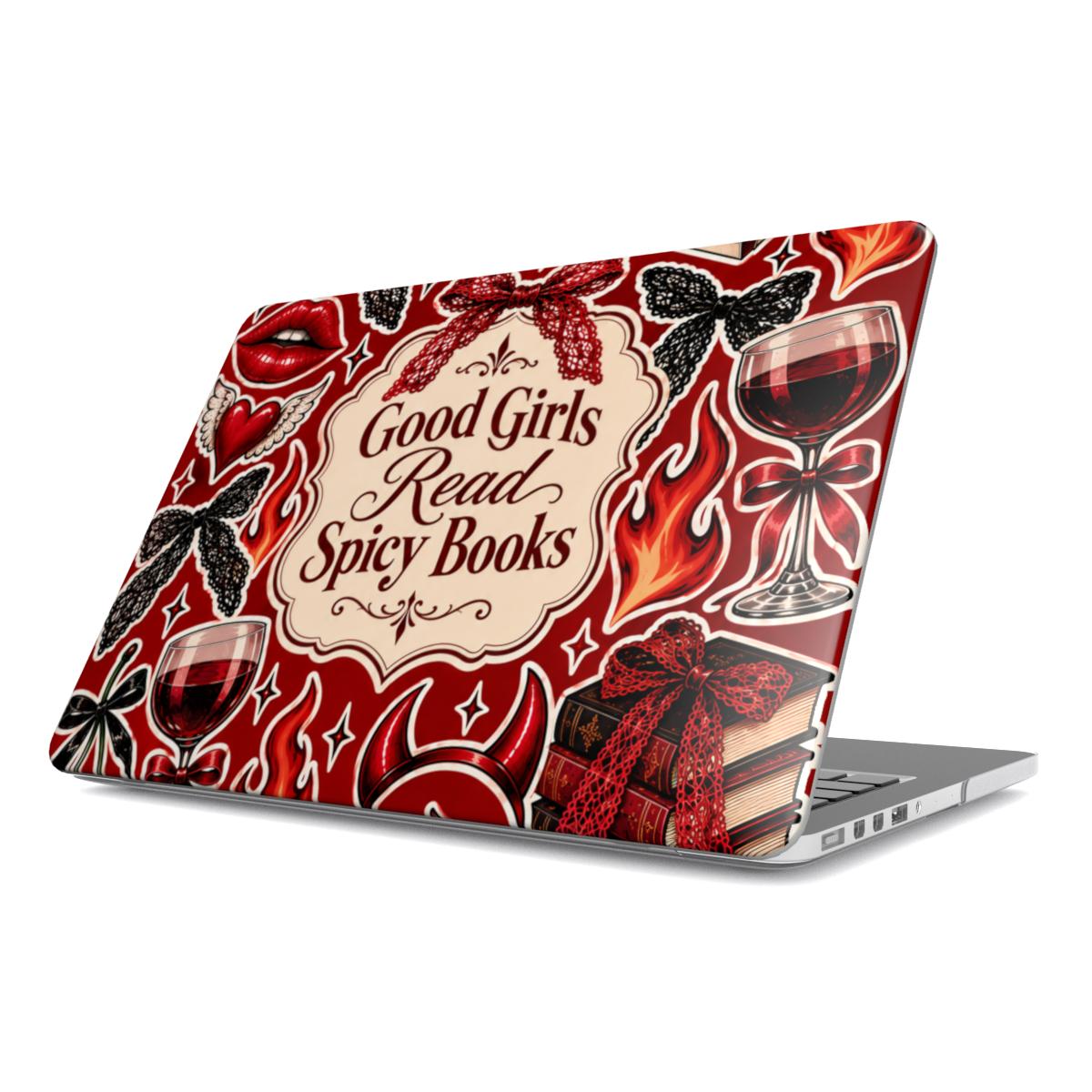 Good Girls Read Spicy Books MacBook case — hard-shell laptop cover, angled lid view