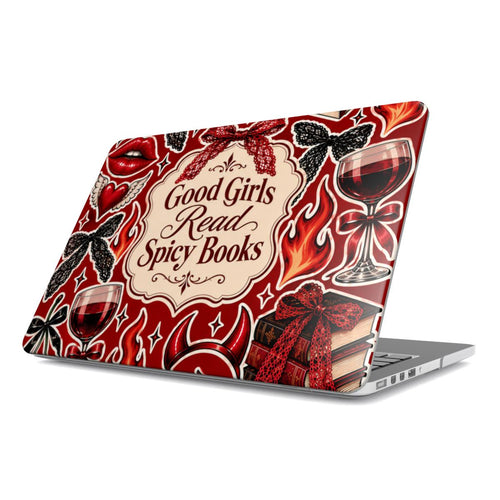 Good Girls Read Spicy Books MacBook case — hard-shell laptop cover, angled lid view