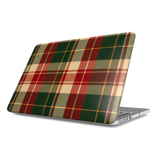 Holiday Tartan MacBook case — hard-shell laptop cover, angled lid view
