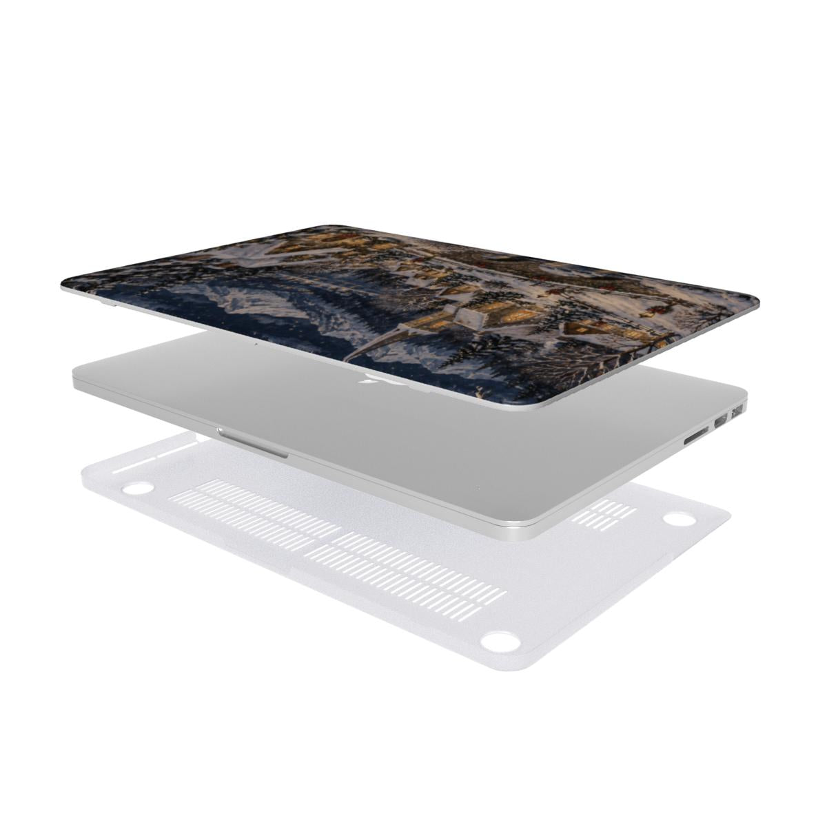 Christmas Village MacBook case — hard-shell laptop cover, two-piece shell view