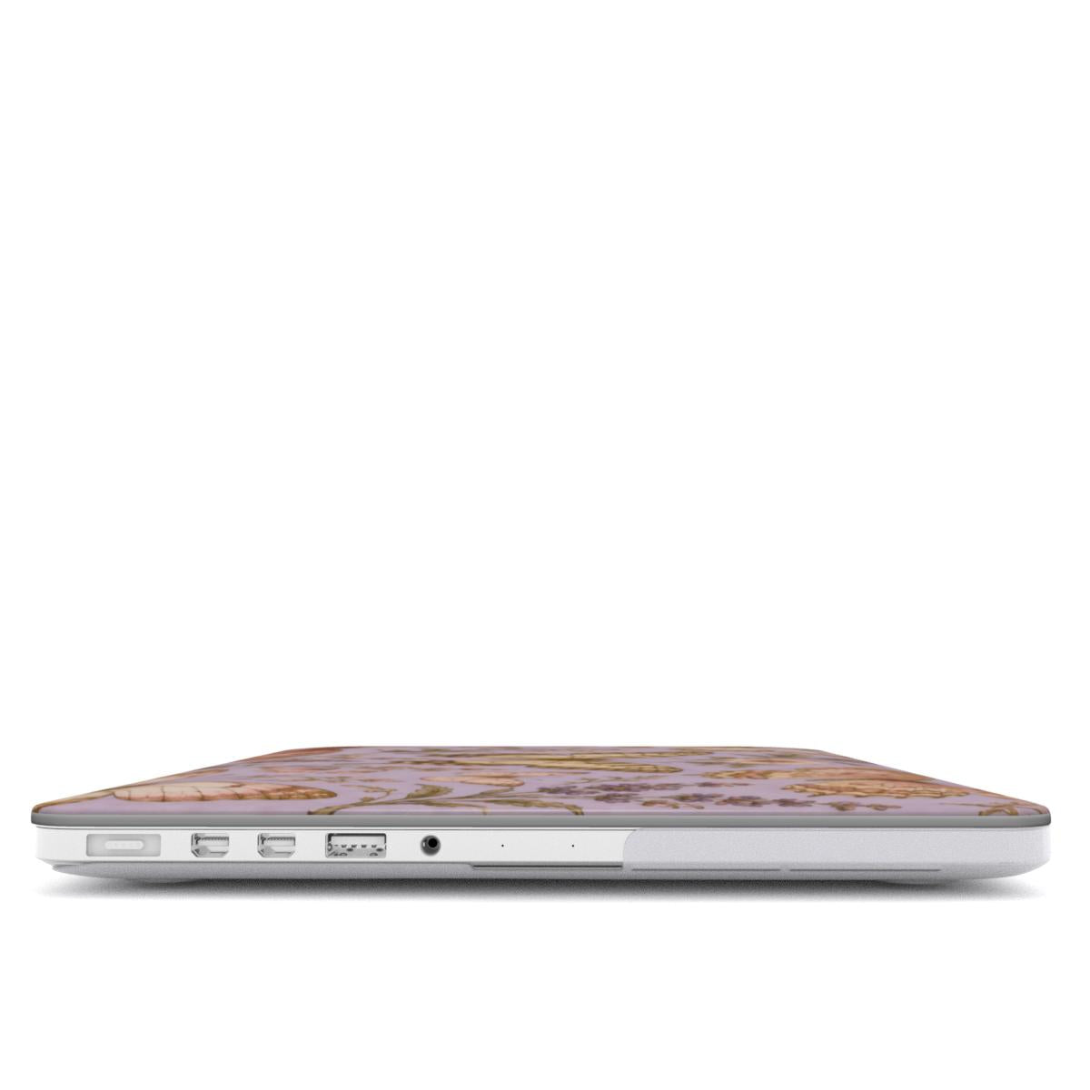 Lilac Butterfly MacBook case — hard-shell laptop cover, side view with ports