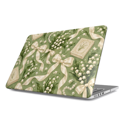 Lily of the Valley MacBook case — hard-shell laptop cover, angled lid view