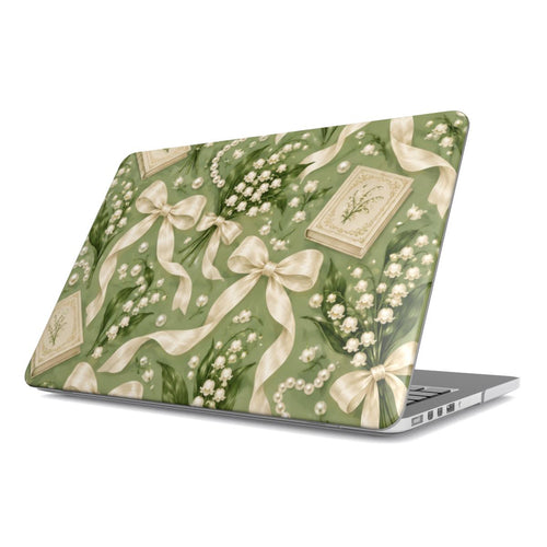 Lily of the Valley MacBook case — hard-shell laptop cover, angled lid view