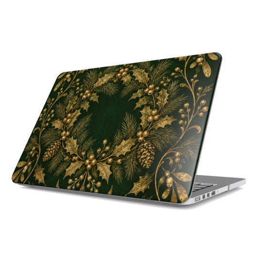 Gilded Holly MacBook case — hard-shell laptop cover, angled lid view