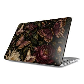 Midnight Butterfly Garden MacBook case — hard-shell laptop cover, angled lid view