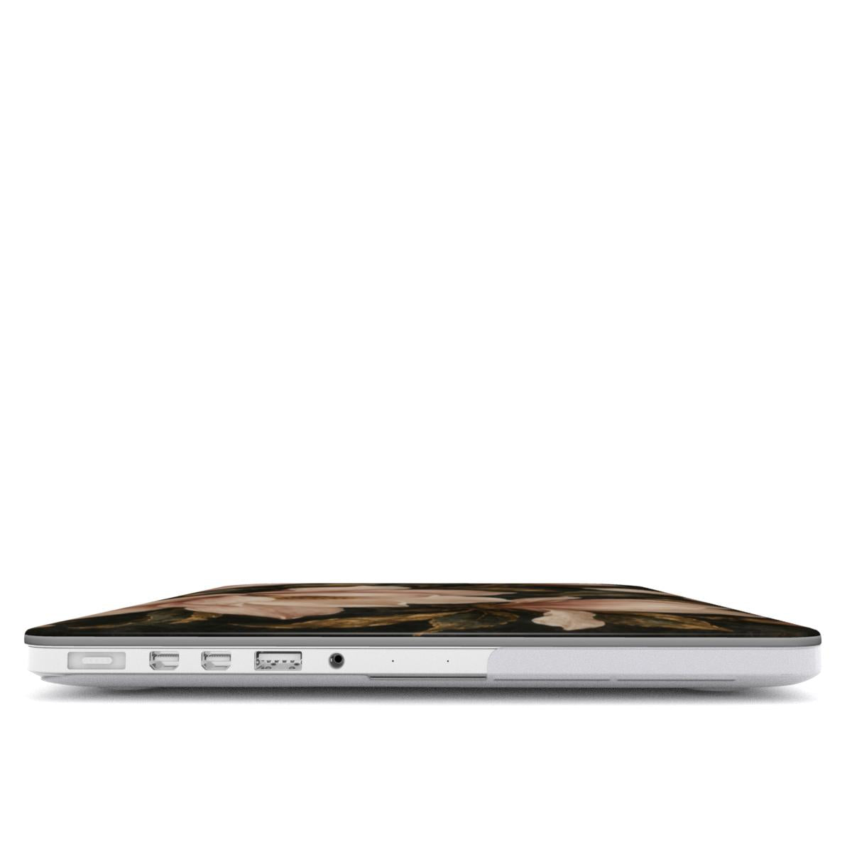 Midnight Magnolia MacBook case — hard-shell laptop cover, side view with ports