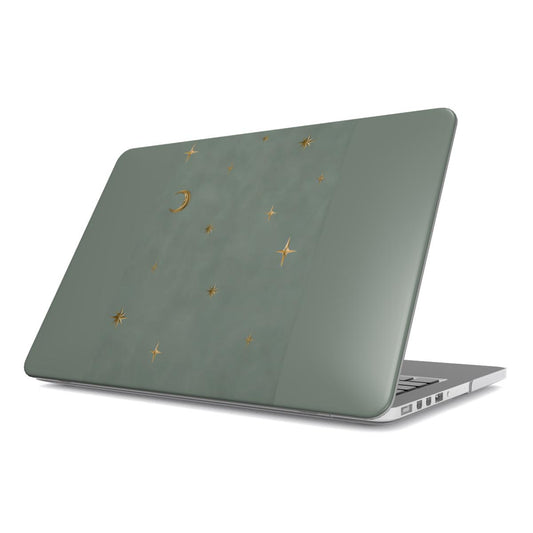 Sage Crescent Moon MacBook case — hard-shell laptop cover, angled lid view