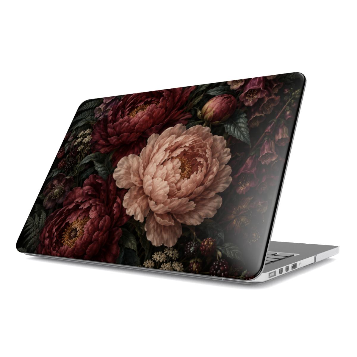 Moonlit Peony Garden MacBook case — hard-shell laptop cover, angled lid view