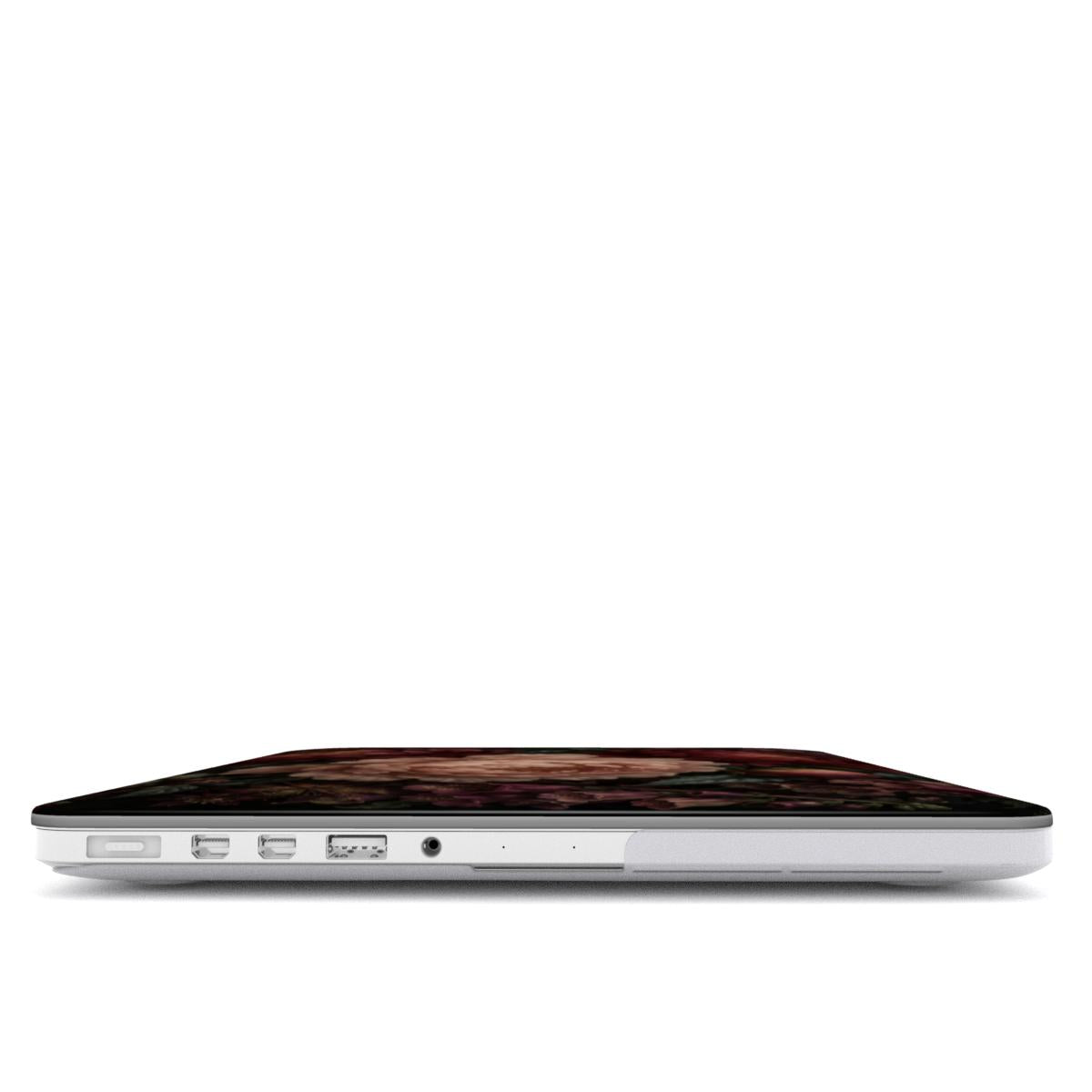 Moonlit Peony Garden MacBook case — hard-shell laptop cover, side view with ports