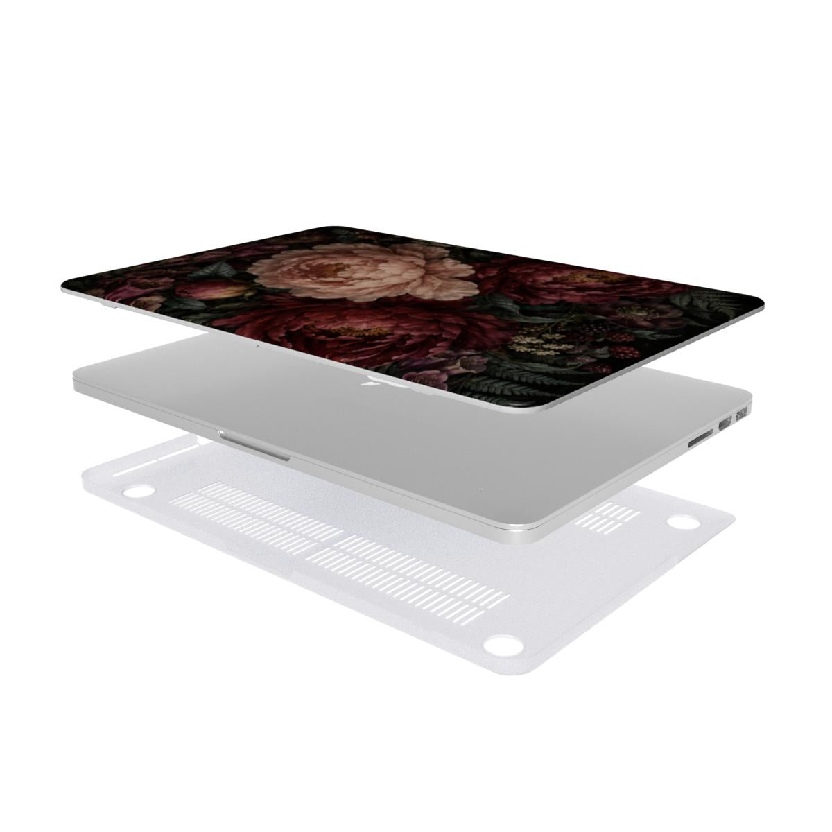 Moonlit Peony Garden MacBook case — hard-shell laptop cover, two-piece shell view