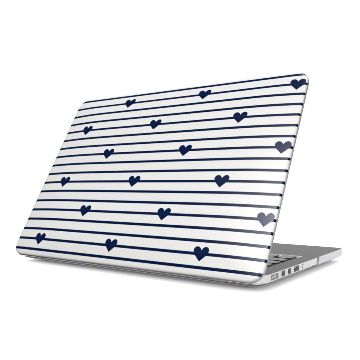 Navy Stripe Hearts MacBook case — hard-shell laptop cover, angled lid view