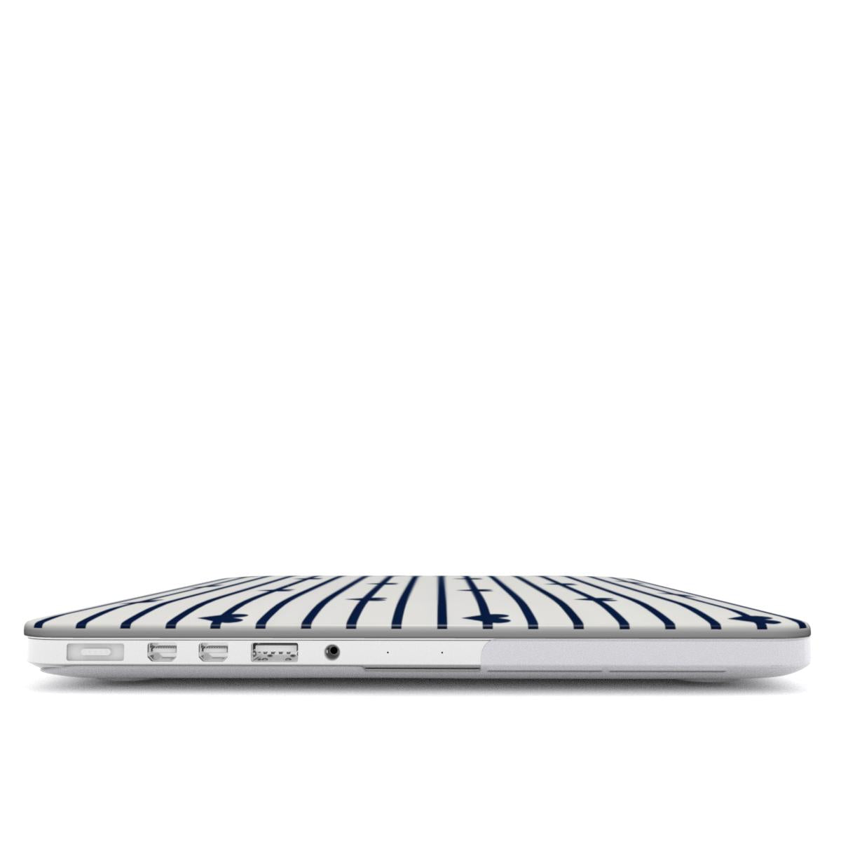Navy Stripe Hearts MacBook case — hard-shell laptop cover, side view with ports