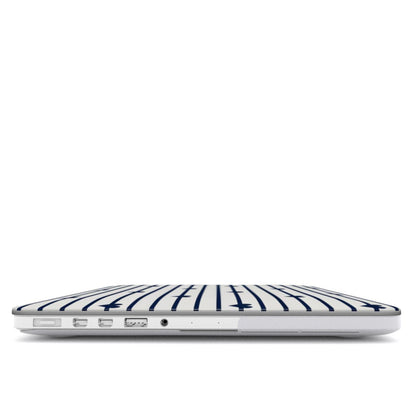 Navy Stripe Hearts MacBook case — hard-shell laptop cover, side view with ports
