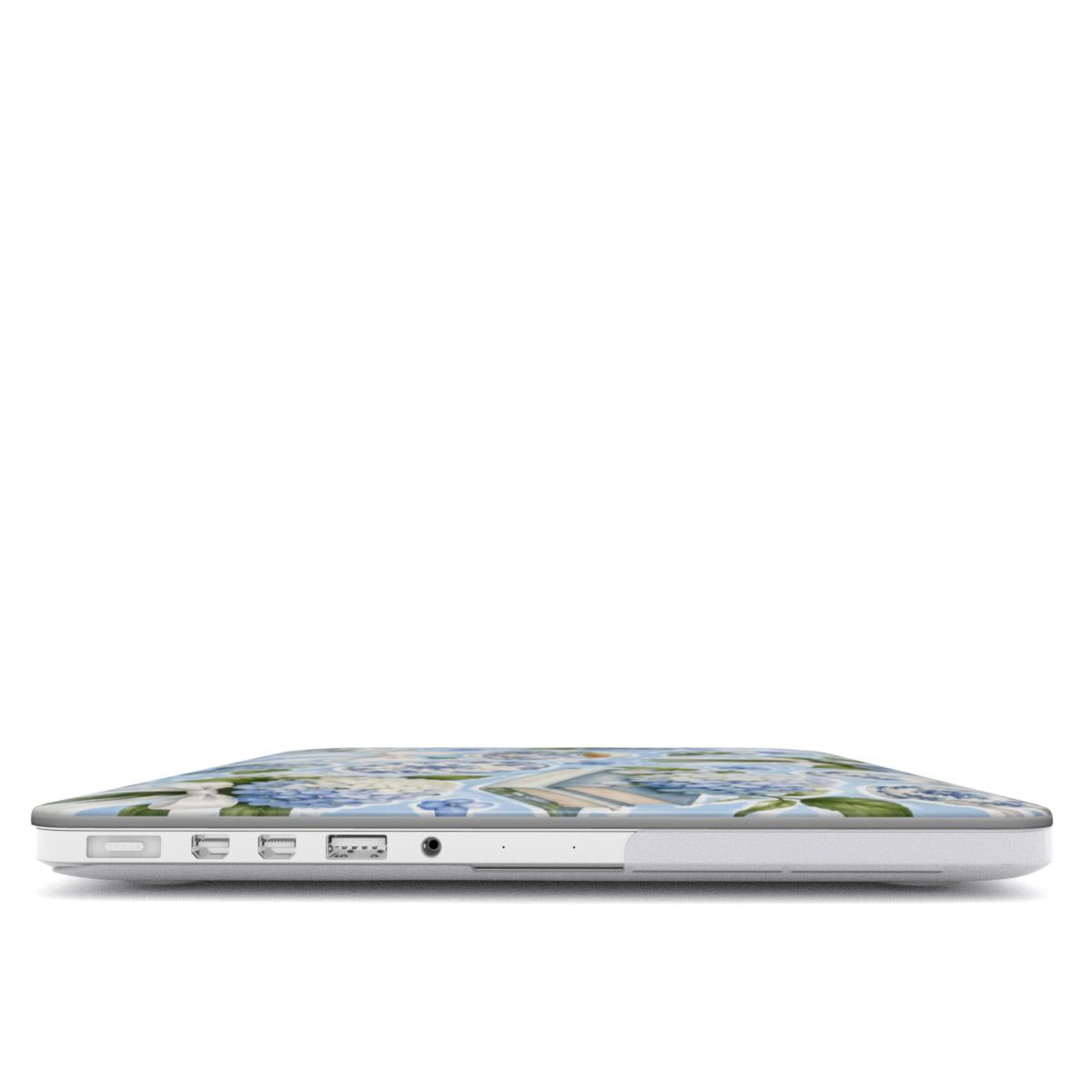 Hydrangea Tea Party MacBook case — hard-shell laptop cover, side view with ports