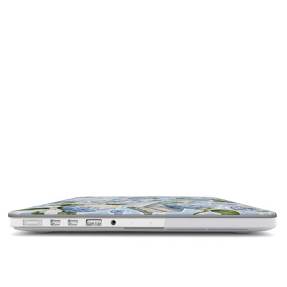 Hydrangea Tea Party MacBook case — hard-shell laptop cover, side view with ports