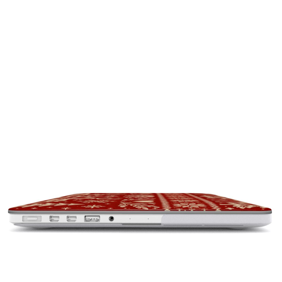 Nordic Reindeer MacBook case — hard-shell laptop cover, side view with ports