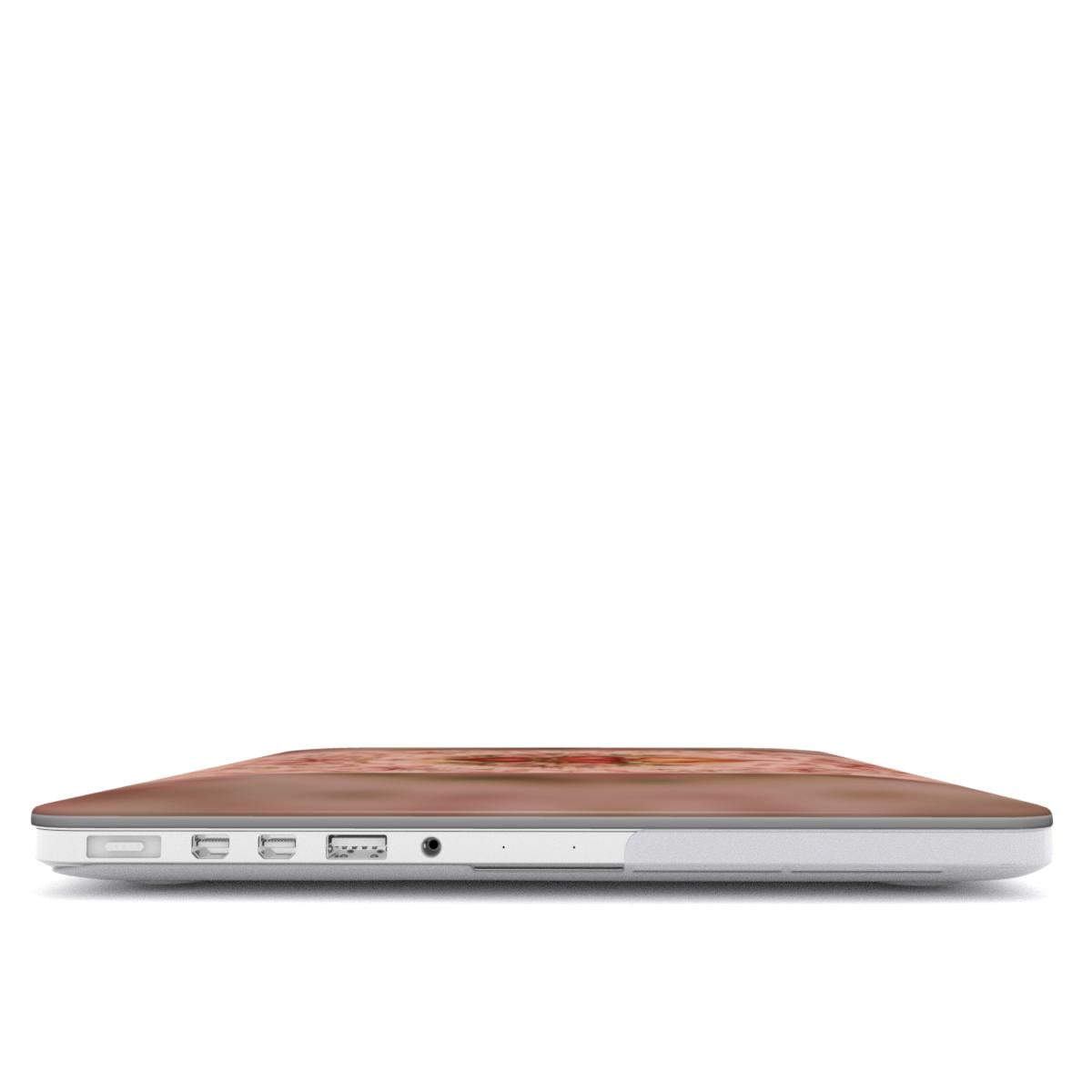Rose Sacred Heart MacBook case — hard-shell laptop cover, side view with ports