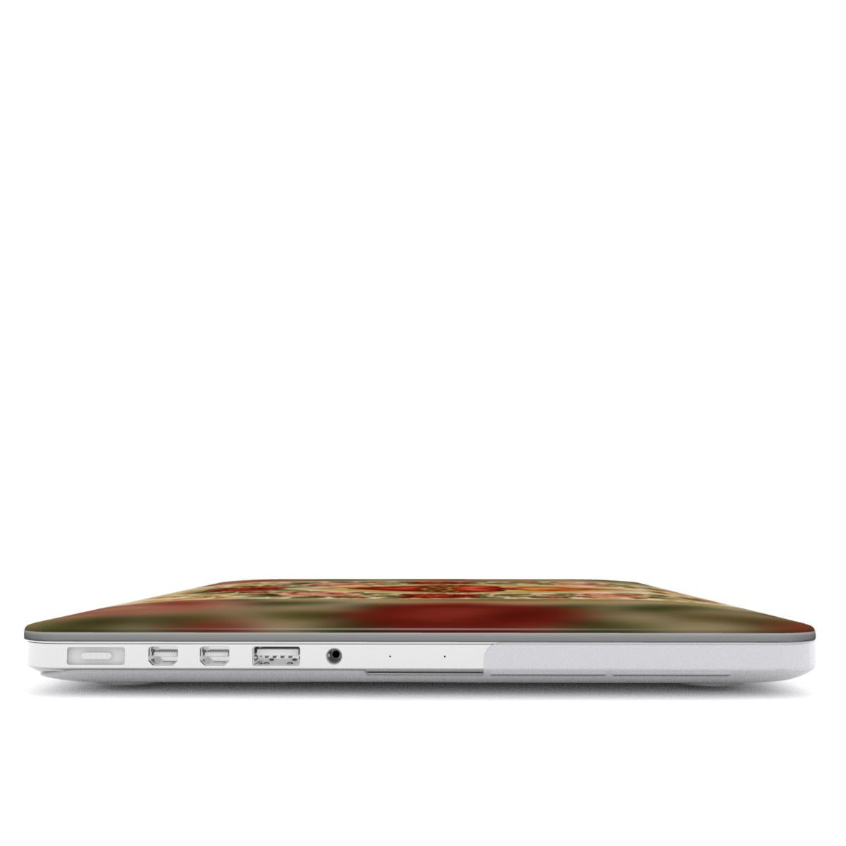 Sacred Heart & Roses MacBook case — hard-shell laptop cover, side view with ports
