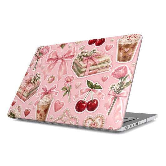 Pink Lattes & Cherries MacBook case — hard-shell laptop cover, angled lid view