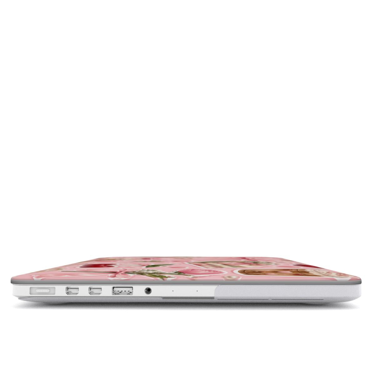 Pink Lattes & Cherries MacBook case — hard-shell laptop cover, side view with ports