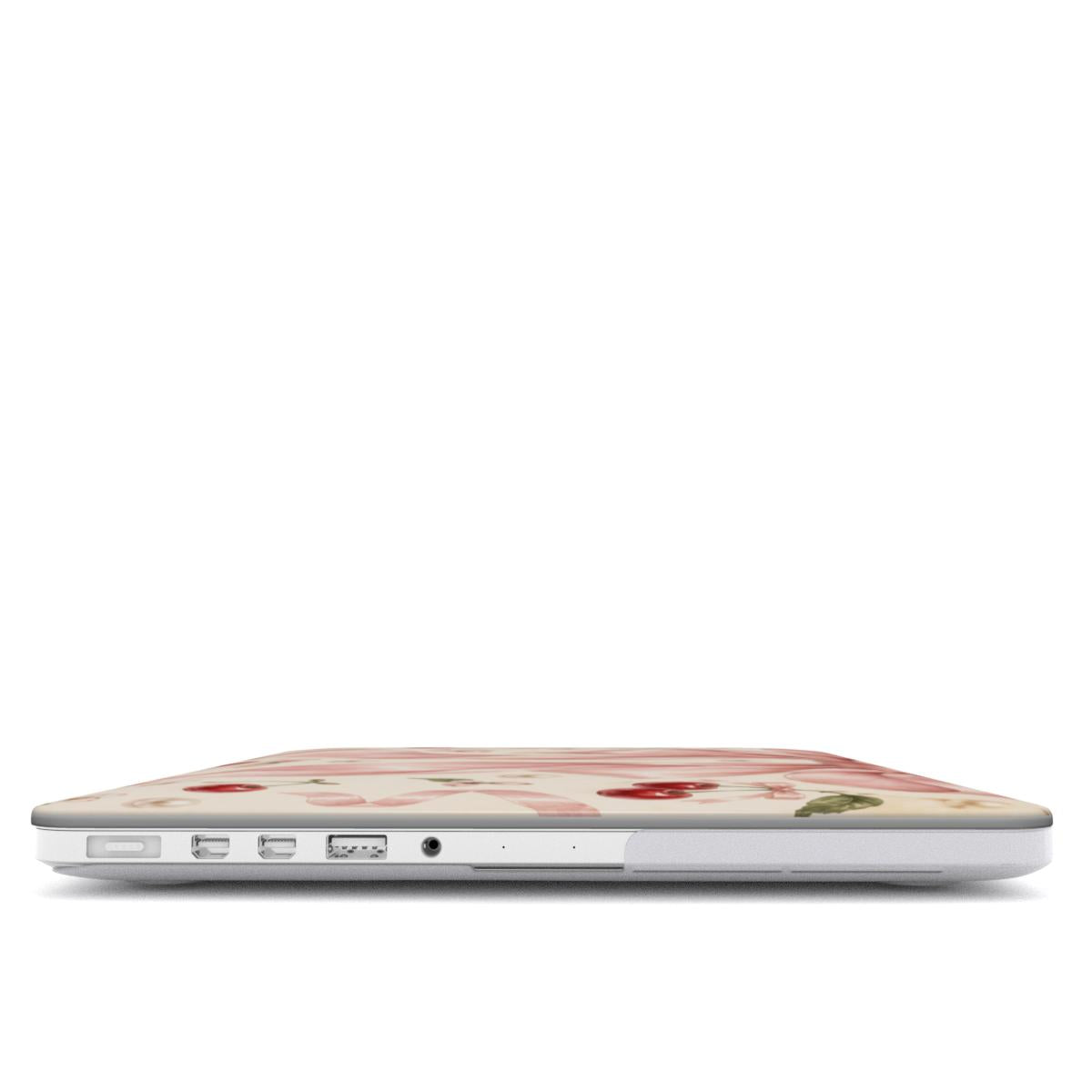 Satin Bow & Cherries MacBook case — hard-shell laptop cover, side view with ports