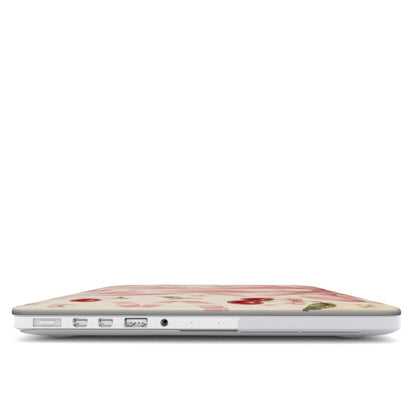 Satin Bow & Cherries MacBook case — hard-shell laptop cover, side view with ports