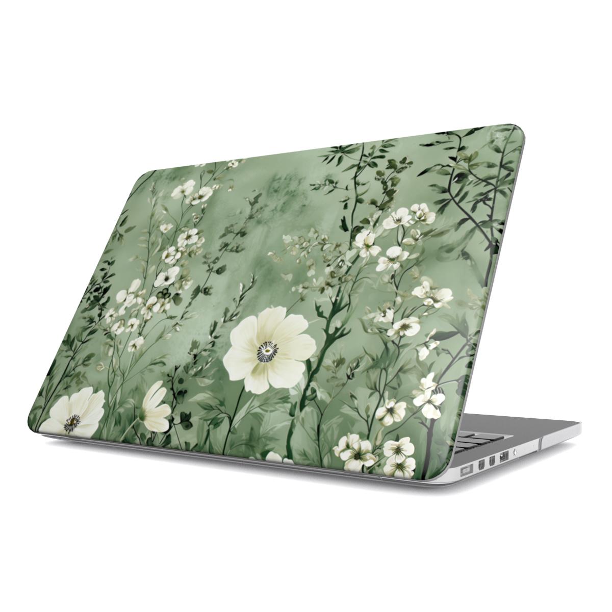 Sage Meadow MacBook case — hard-shell laptop cover, angled lid view