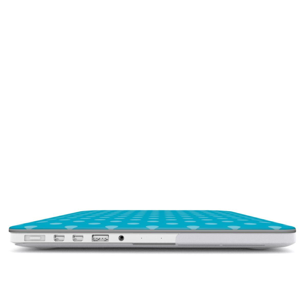 Turquoise Polka Dot MacBook case — hard-shell laptop cover, side view with ports