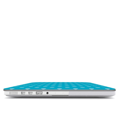 Turquoise Polka Dot MacBook case — hard-shell laptop cover, side view with ports