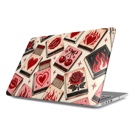Vintage Matchbook MacBook case — hard-shell laptop cover, angled lid view