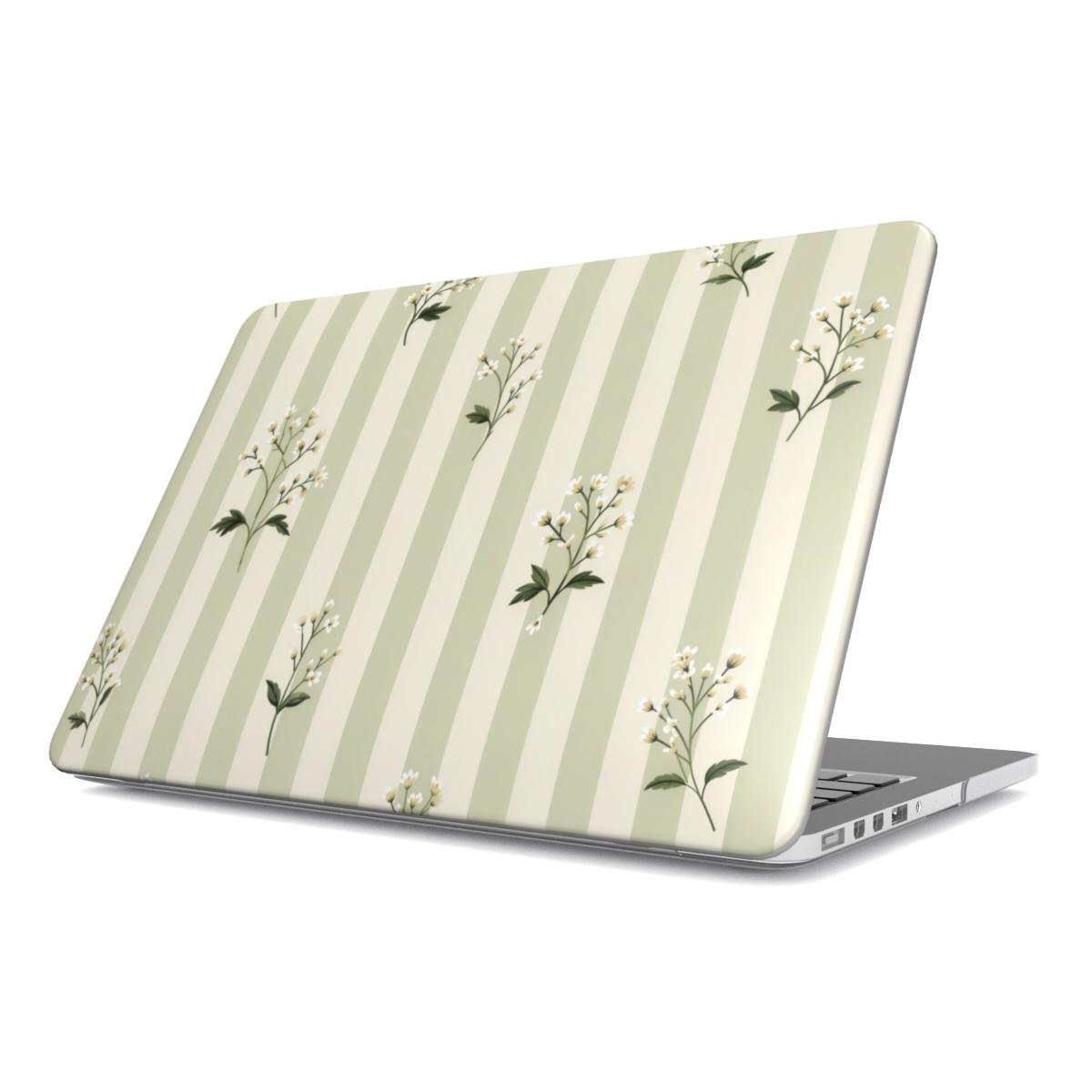 Wildflower Stripe MacBook case — hard-shell laptop cover, angled lid view