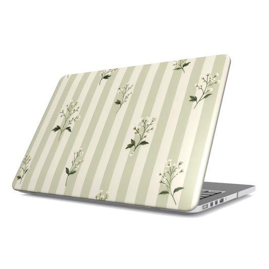 Wildflower Stripe MacBook case — hard-shell laptop cover, angled lid view