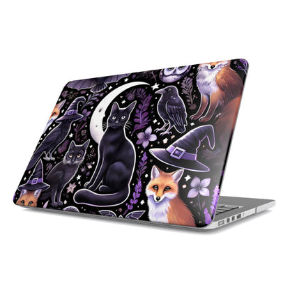 Witchy Woodland MacBook case — hard-shell laptop cover, angled lid view