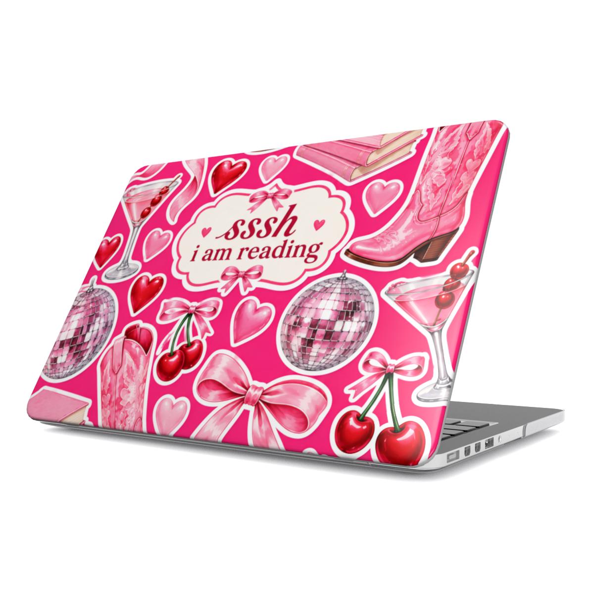 Sssh I Am Reading MacBook case — hard-shell laptop cover, angled lid view