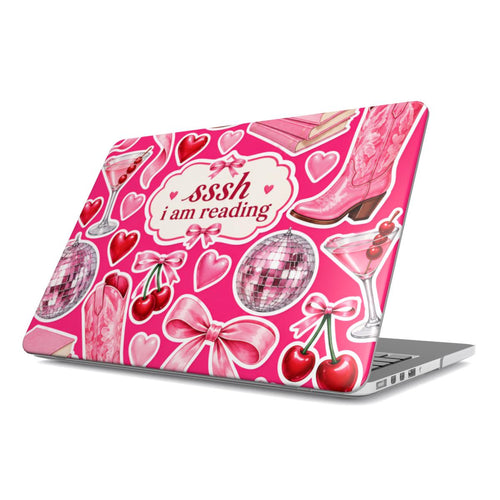 Sssh I Am Reading MacBook case — hard-shell laptop cover, angled lid view