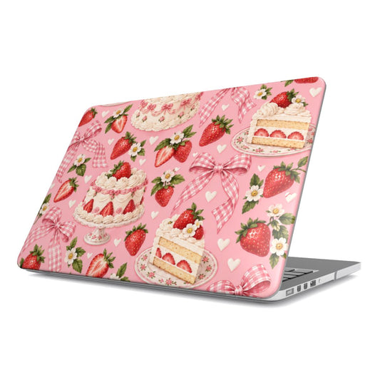 Strawberry Cake MacBook case — hard-shell laptop cover, angled lid view
