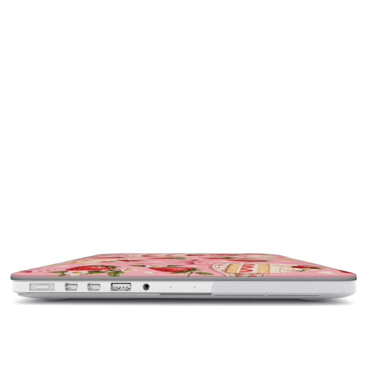 Strawberry Cake MacBook case — hard-shell laptop cover, side view with ports