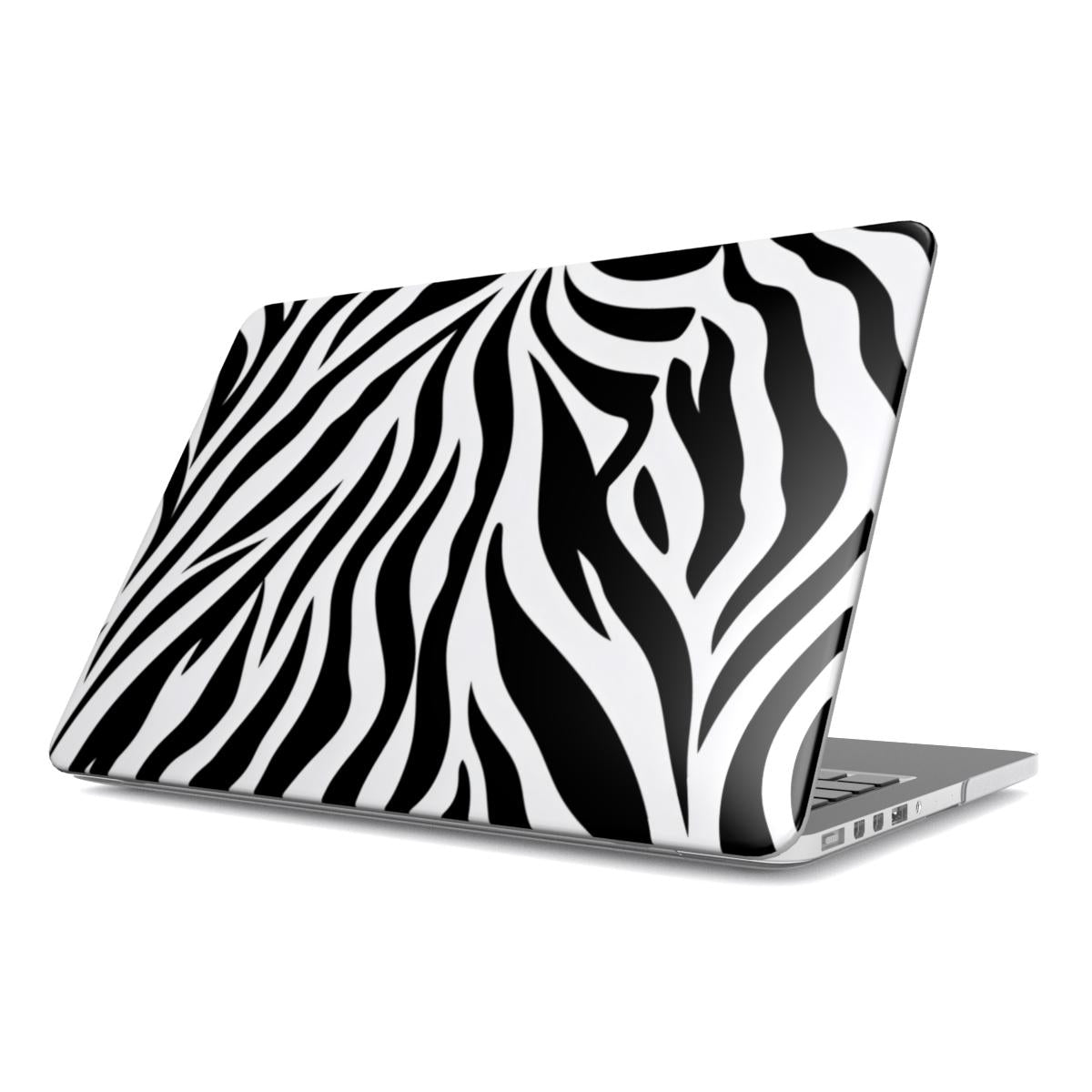 Zebra Stripe MacBook case — hard-shell laptop cover, angled lid view