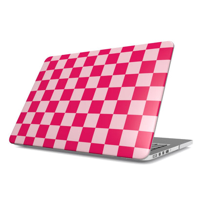 Cherry Checkerboard MacBook case — hard-shell laptop cover, angled lid view